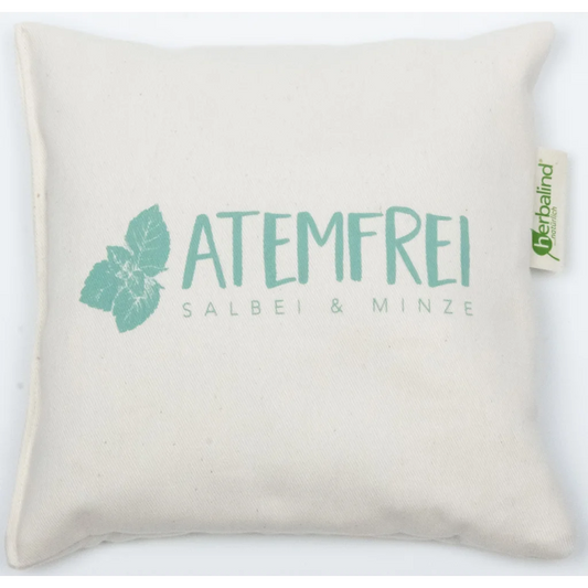 Kissen mit Füllung Kräuter ATEMFREI in Creme Muster Unifarben mit Aufdruck von herbalind Größe 20x20 cm