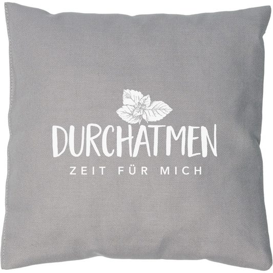 Kissen mit Füllung Kräuter DURCHATMEN in Grau Muster Unifarben mit Aufdruck von herbalind Größe 20x20 cm