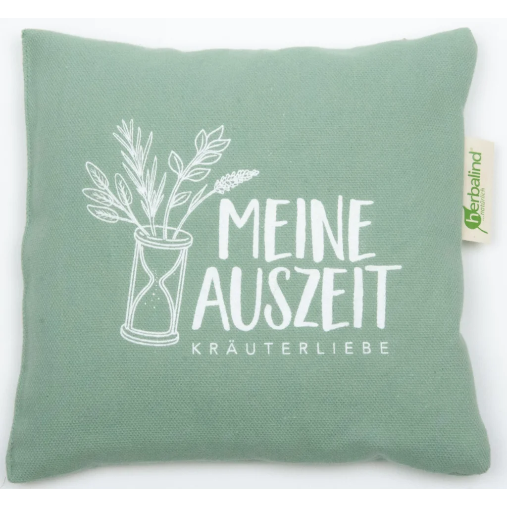 Kissen mit Füllung Kräuter MEINE AUSZEIT in Lindgrün Grün Muster Unifarben mit Aufdruck von herbalind Größe 20x20 cm