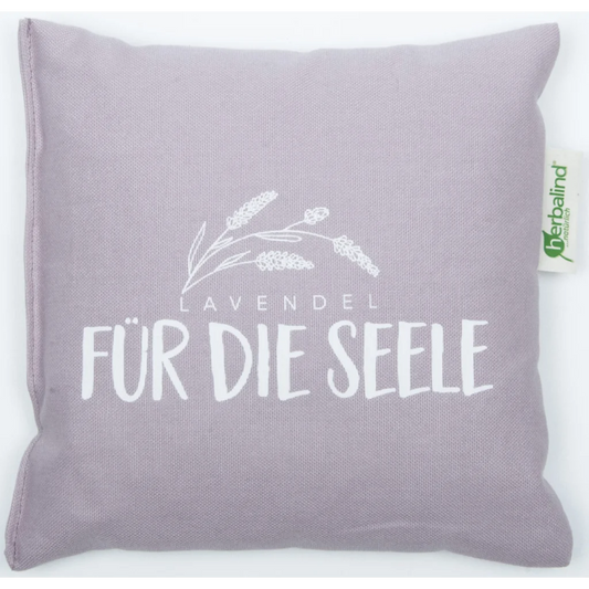 Kissen mit Füllung Lavendel FÜR DIE SEELE in Flieder Lila Muster Unifarben mit Aufdruck von herbalind Größe 20x20 cm