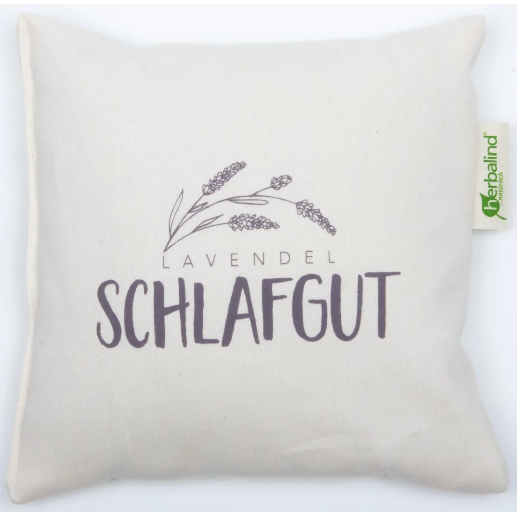 Kissen mit Füllung Lavendel SCHLAFGUT in Creme Muster Unifarben mit Aufdruck von herbalind Größe 20x20 cm