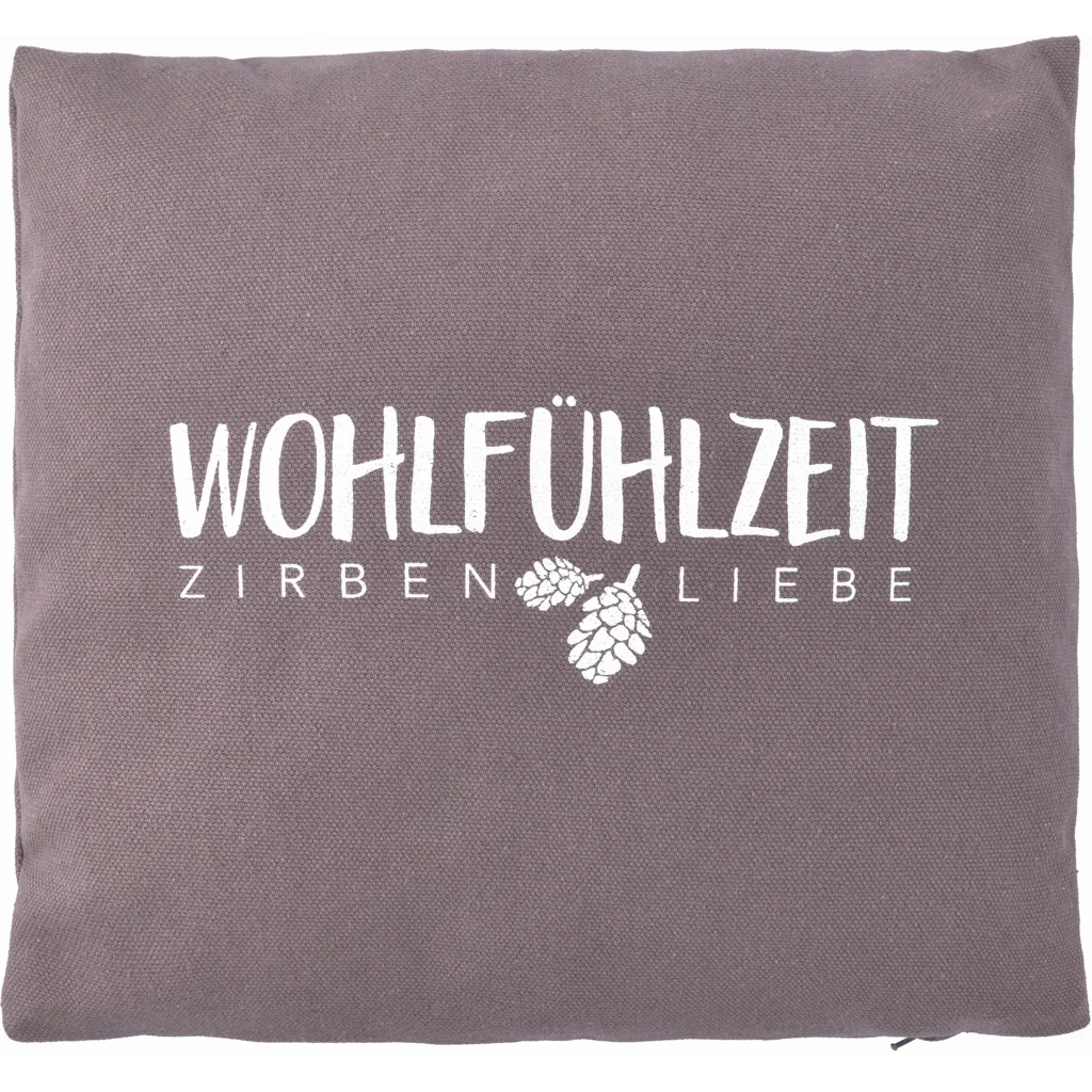 Kissen mit Füllung Zirbenholz WOHLFÜHLZEIT in Anthrazit Grau Muster Unifarben mit Aufdruck von herbalind Größe 25x25 cm
