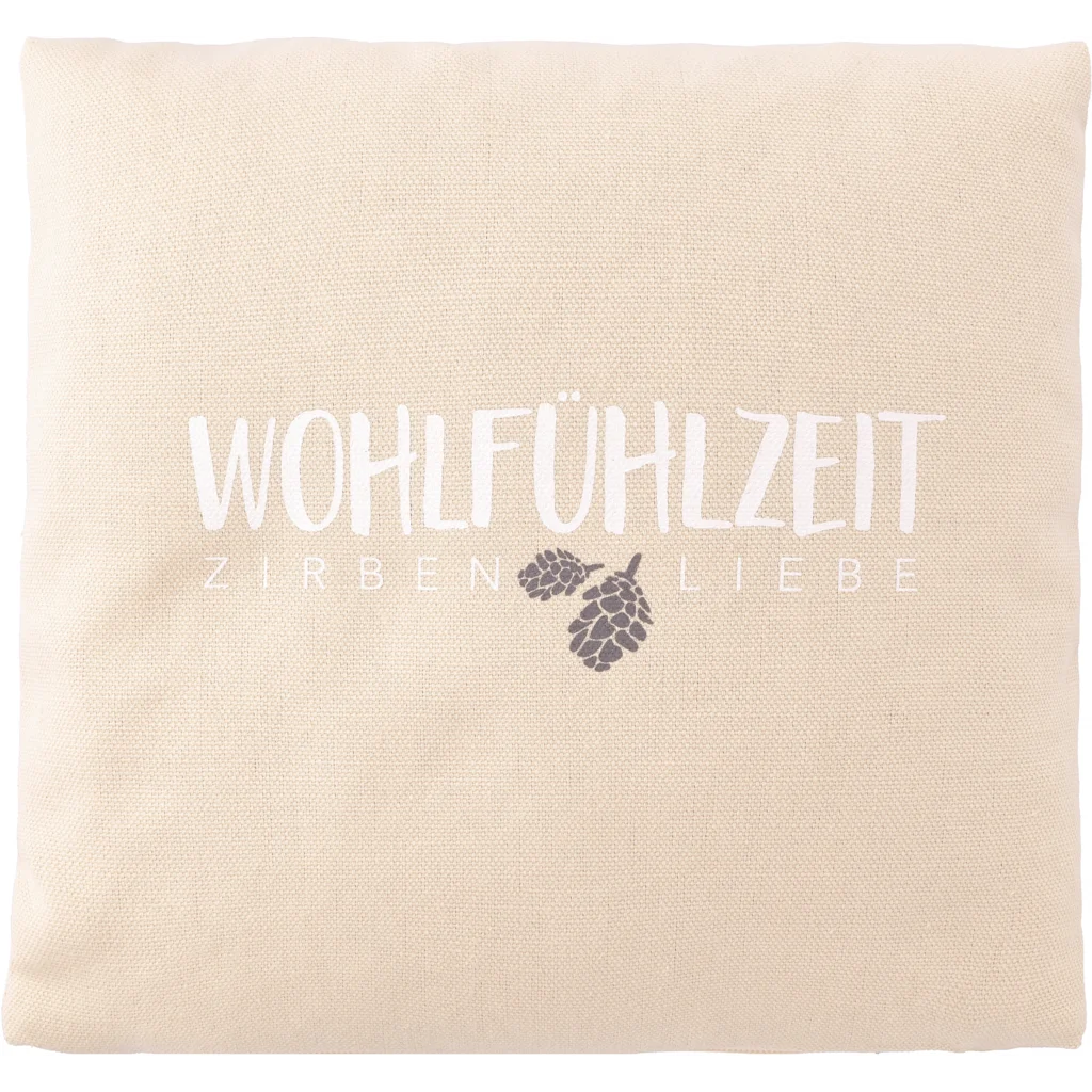 Kissen mit Füllung Zirbenholz WOHLFÜHLZEIT in Beige Muster Unifarben mit Aufdruck von herbalind Größe 25x25 cm
