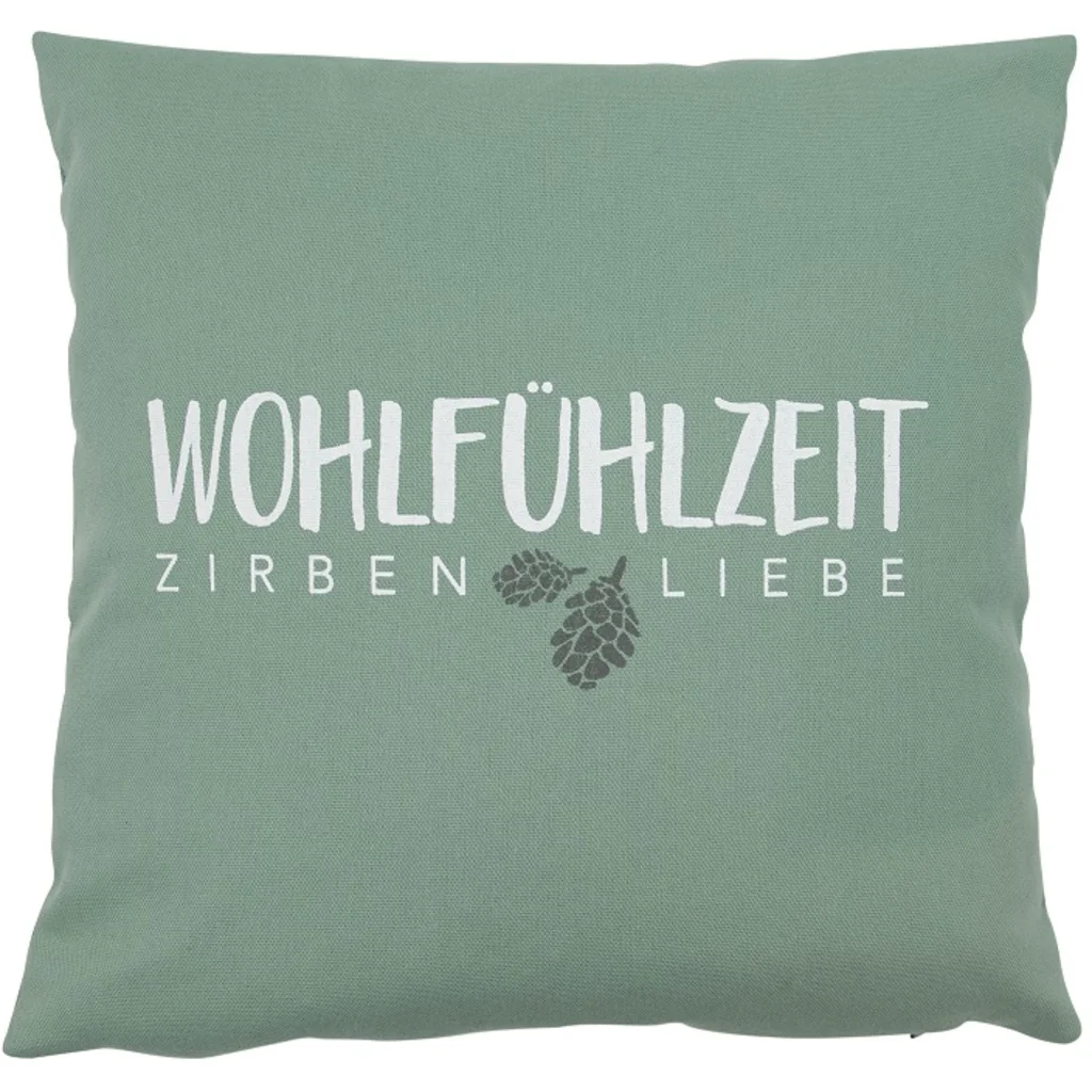 Kissen mit Füllung Zirbenholz WOHLFÜHLZEIT in Lindgrün Grün Muster Unifarben mit Aufdruck von herbalind Größe 25x25 cm