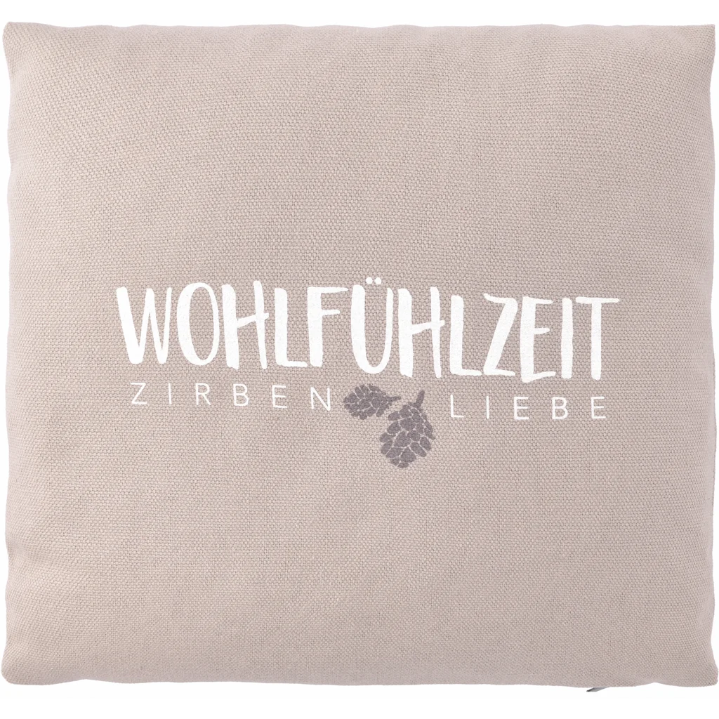 Kissen mit Füllung Zirbenholz WOHLFÜHLZEIT in Taupe Grau Muster Unifarben mit Aufdruck von herbalind Größe 25x25 cm