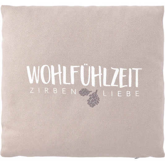 Kissen mit Füllung Zirbenholz WOHLFÜHLZEIT in Taupe Grau Muster Unifarben mit Aufdruck von herbalind Größe 25x25 cm