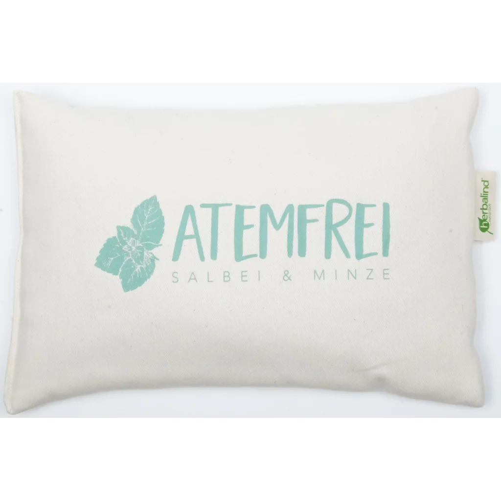 Kissen rechteckig mit Füllung Kräuter ATEMFREI in Creme Muster Unifarben mit Aufdruck von herbalind Größe 30x20 cm