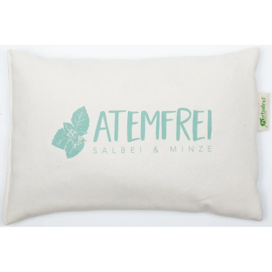 Kissen rechteckig mit Füllung Kräuter ATEMFREI in Creme Muster Unifarben mit Aufdruck von herbalind Größe 30x20 cm
