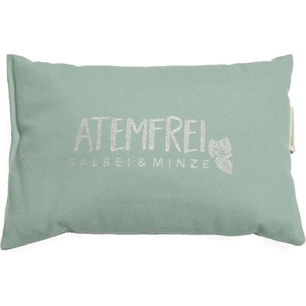 Kissen rechteckig mit Füllung Kräuter ATEMFREI in Lindgrün Grün Muster Unifarben mit Aufdruck von herbalind Größe 30x20 cm
