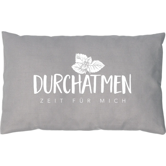 Kissen rechteckig mit Füllung Kräuter DURCHATMEN in Grau Muster Unifarben mit Aufdruck von herbalind Größe 30x20 cm