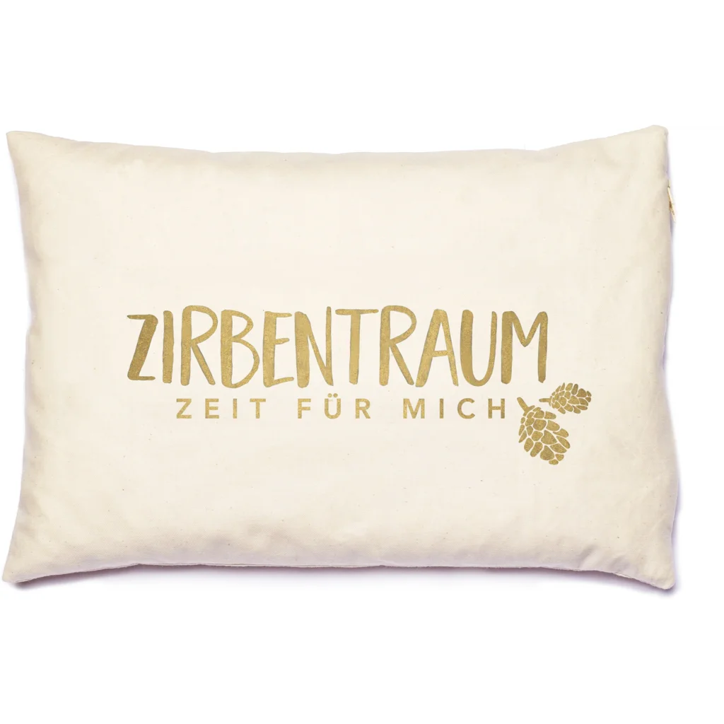 Kissen rechteckig mit Füllung Zirbenholz ZIRBENTRAUM in Creme+Gold Muster Unifarben mit Aufdruck von herbalind Größe 30x20 cm