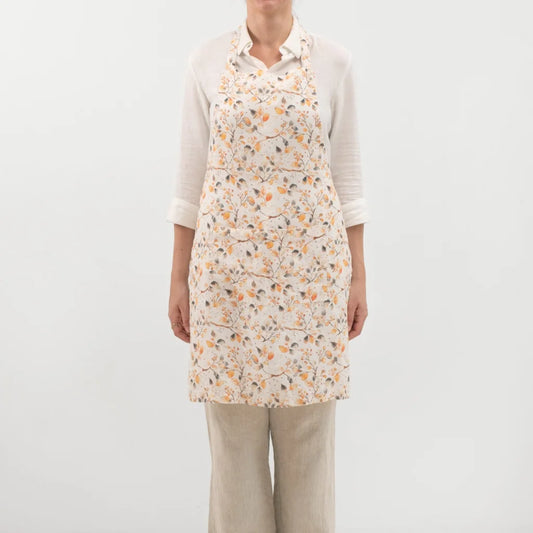 Leinen Alltagsschürze Blätter in Weiß+Orange+Grau Muster Blätter von Linen Tales Größe 54 cm breit+ 77 cm lang