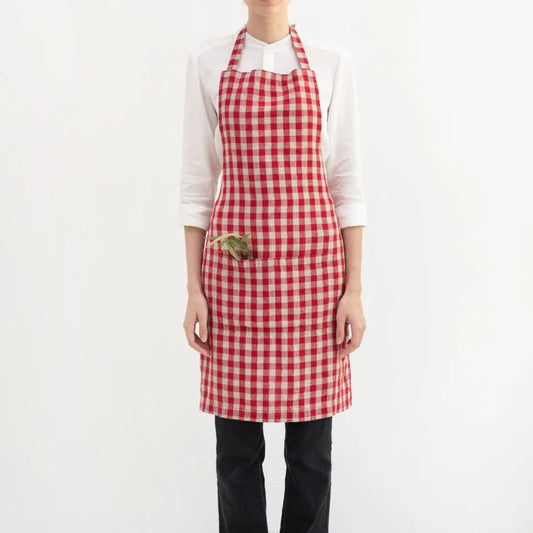 Leinen Alltagsschürze Karo in Rot+Beige Muster Karo von Linen Tales Größe 54 cm breit+ 77 cm lang