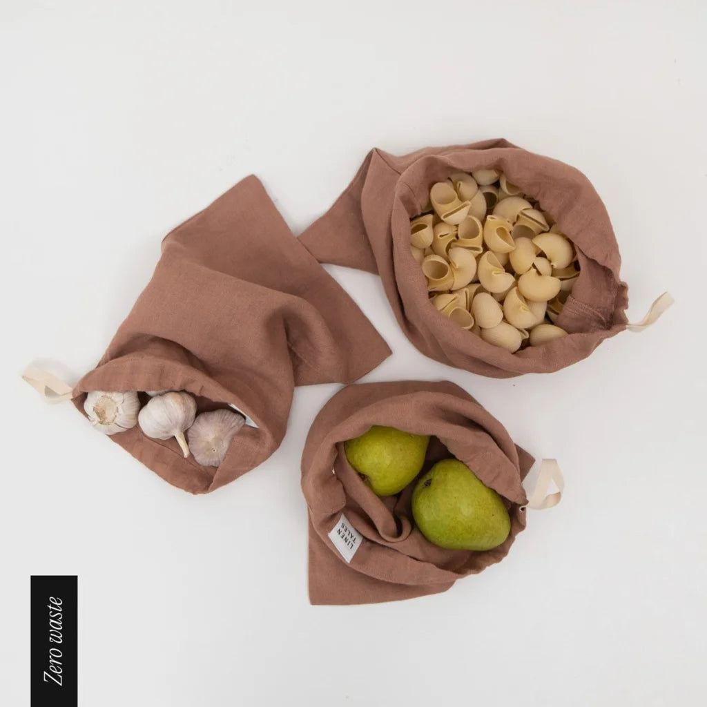 Leinen Aufbewahrungsbeutel 3er-Set in Apricot Orange von Linen Tales Größe 30x38 + 26x32 + 22x28 cm