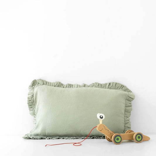 Leinen Baby-+Kinder-Bettwäsche Kissenbezug mit Rüschen in Hellgrün Grün von Linen Tales Größe 35x55 cm
