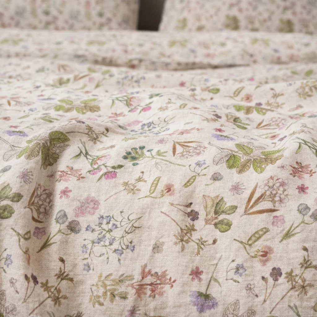 Leinen Bettwäsche Botanik Garnitur in Creme+Rosa+Grün+Braun Muster Botanik von Linen Tales Größe 135x200 + 40x80 cm