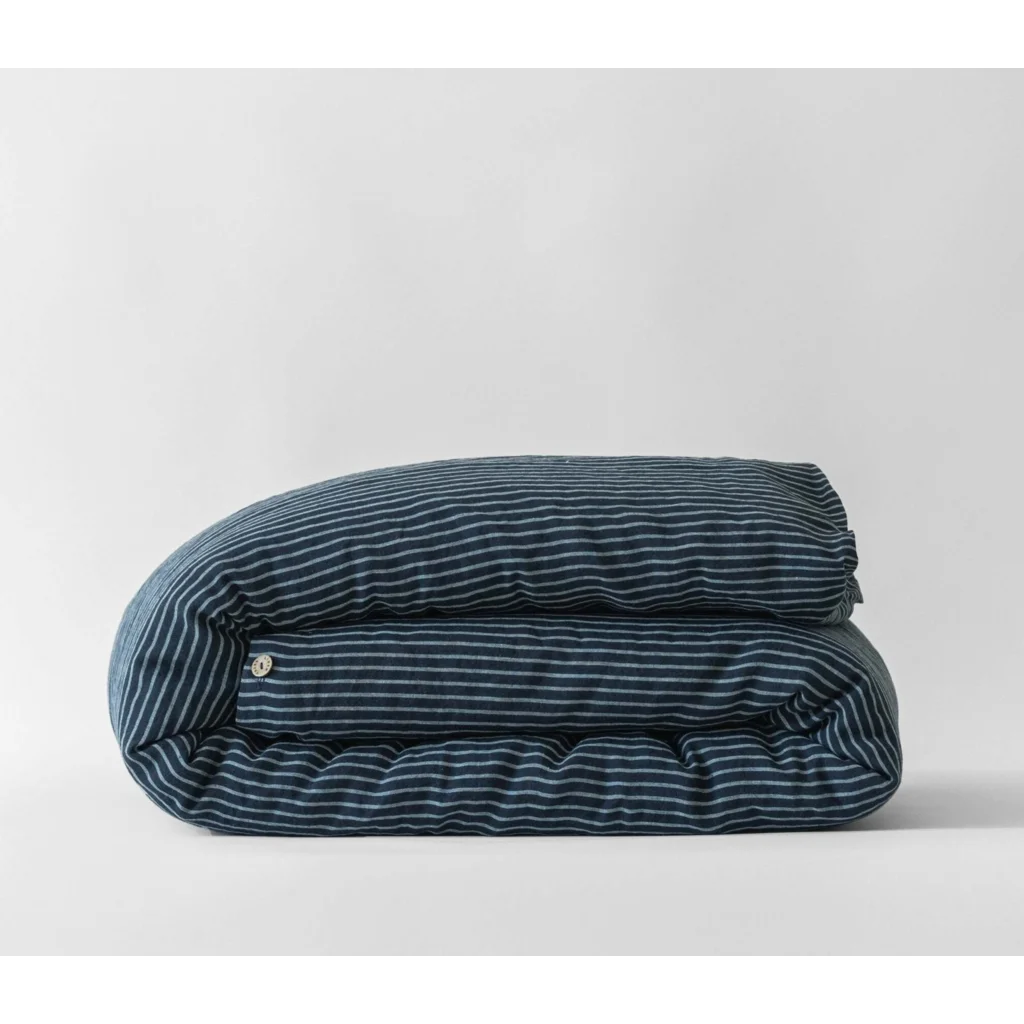 Leinen Bettwäsche Streifen Bettbezug in Dunkelblau+Weiß Blau+Weiß Muster Streifen von Linen Tales Größe 200x220 cm