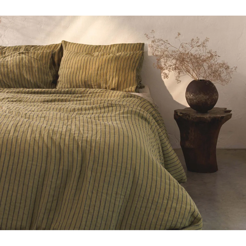 Leinen Bettwäsche Streifen Bettbezug in Olive+Dunkelblau Grün+Blau Muster Streifen von Linen Tales Größe 135x200 cm