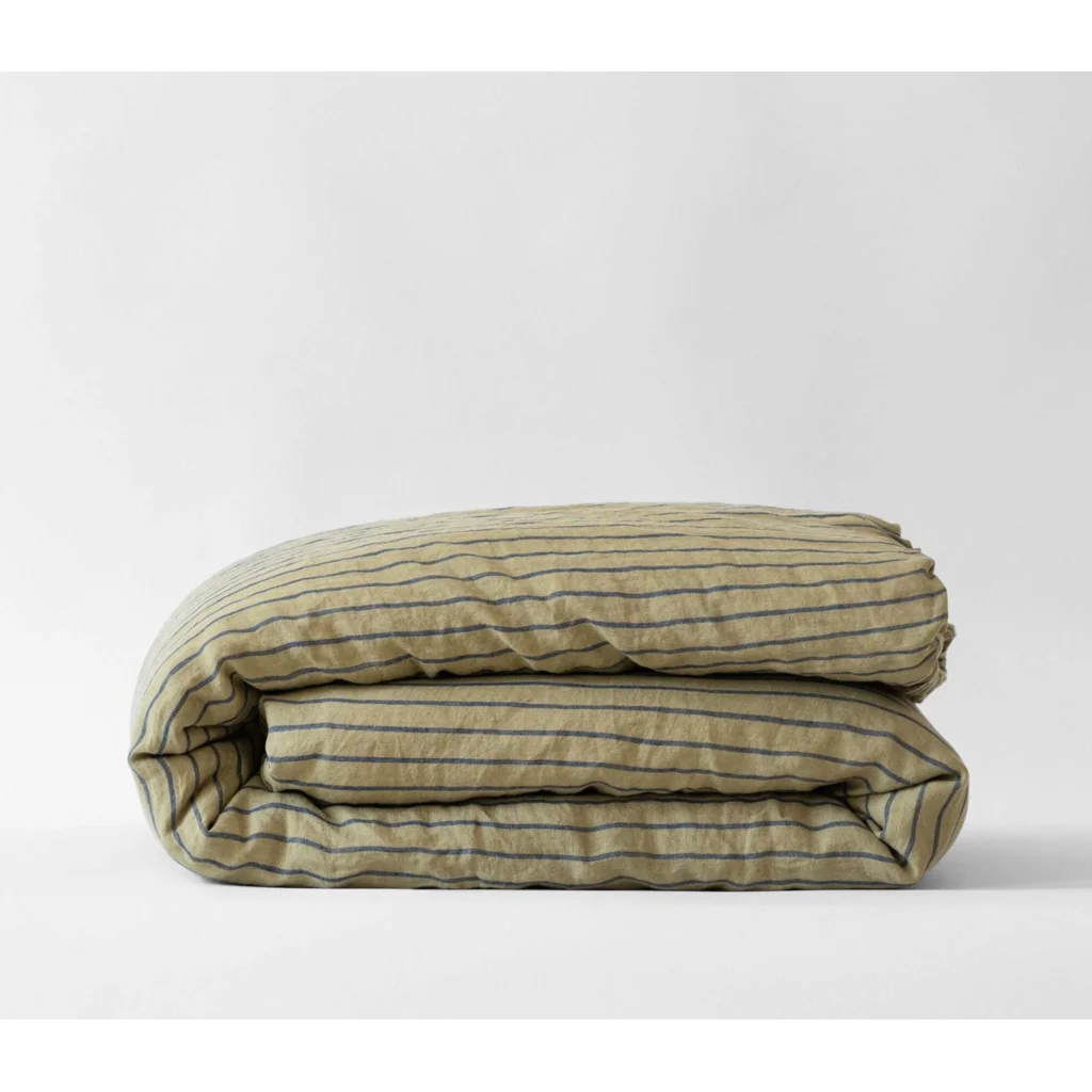 Leinen Bettwäsche Streifen Bettbezug in Olive+Dunkelblau Grün+Blau Muster Streifen von Linen Tales Größe 150x200 cm