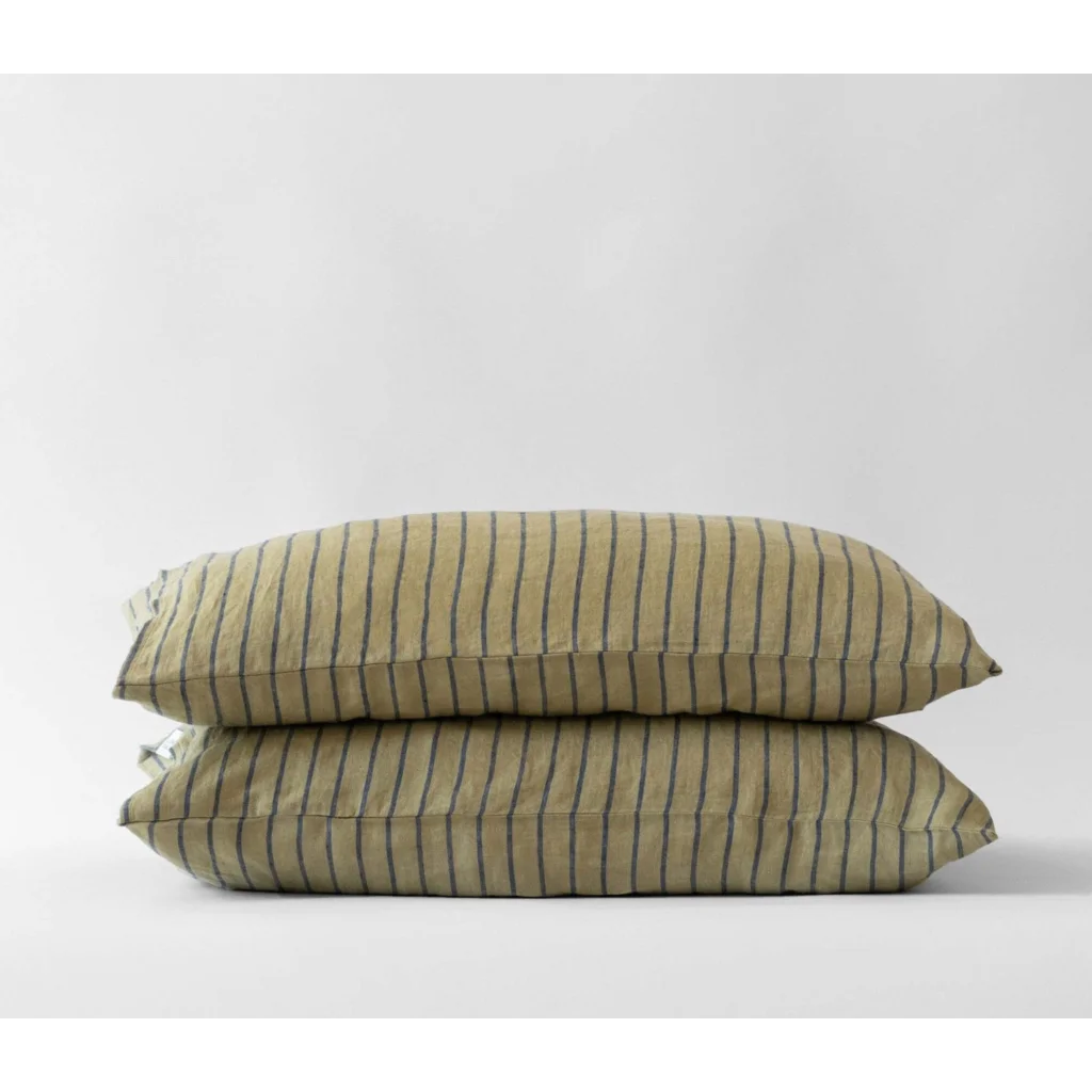 Leinen Bettwäsche Streifen Kissenbezug 2er-Pack in Olive+Dunkelblau Grün+Blau Muster Streifen von Linen Tales Größe 60x80 cm