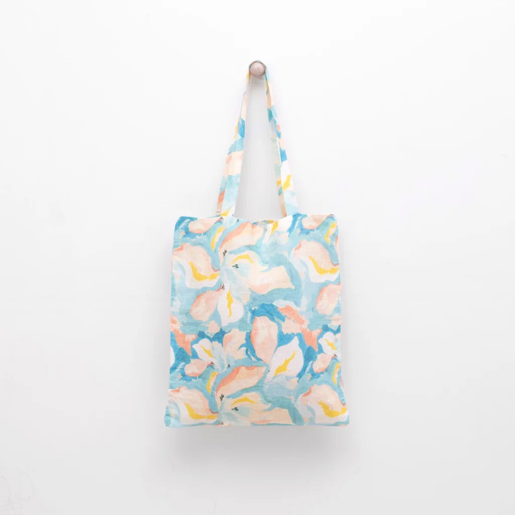 Leinen Einkaufstasche Aquarell in Atlantik+Apricot Blau+Orange Muster Aquarell von Linen Tales Größe 38 cm breit+ 42 cm lang