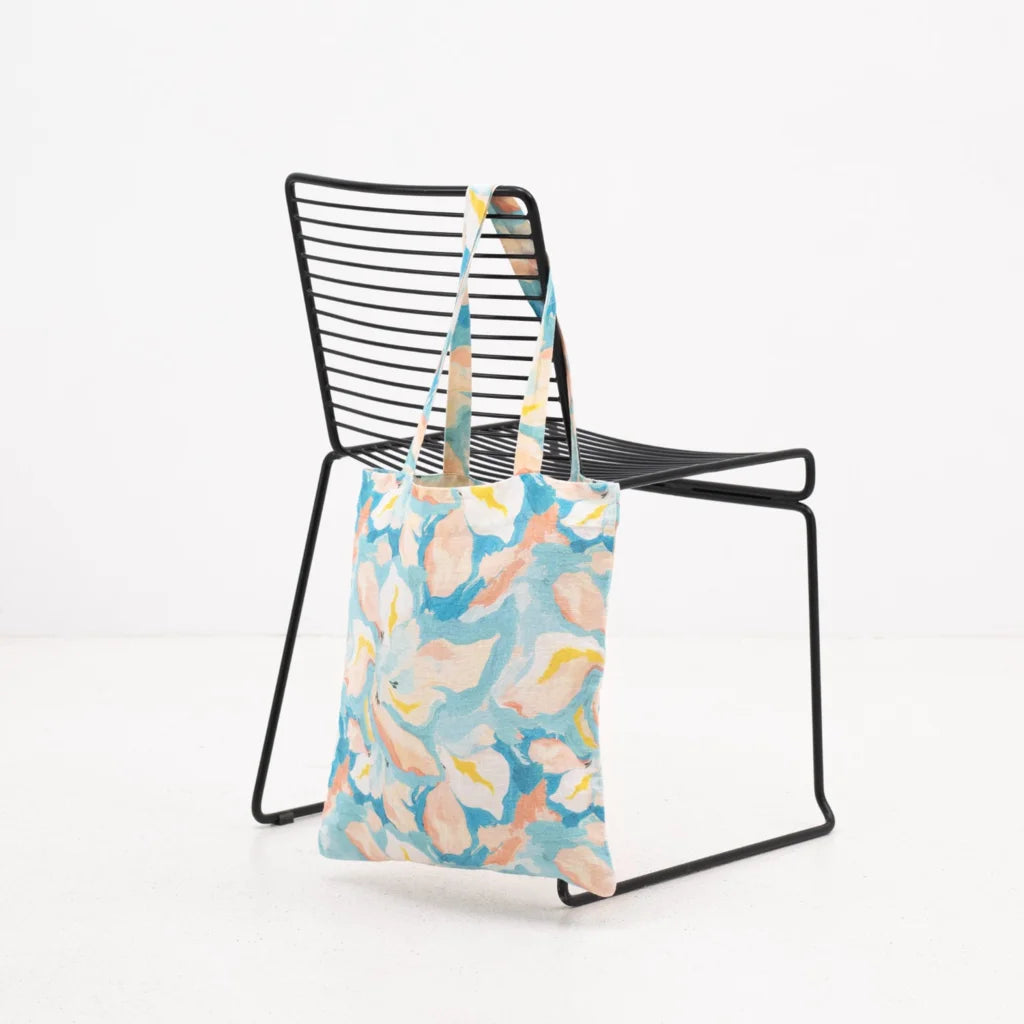 Leinen Einkaufstasche Aquarell in Atlantik+Apricot Blau+Orange Muster Aquarell von Linen Tales Größe 38 cm breit+ 42 cm lang