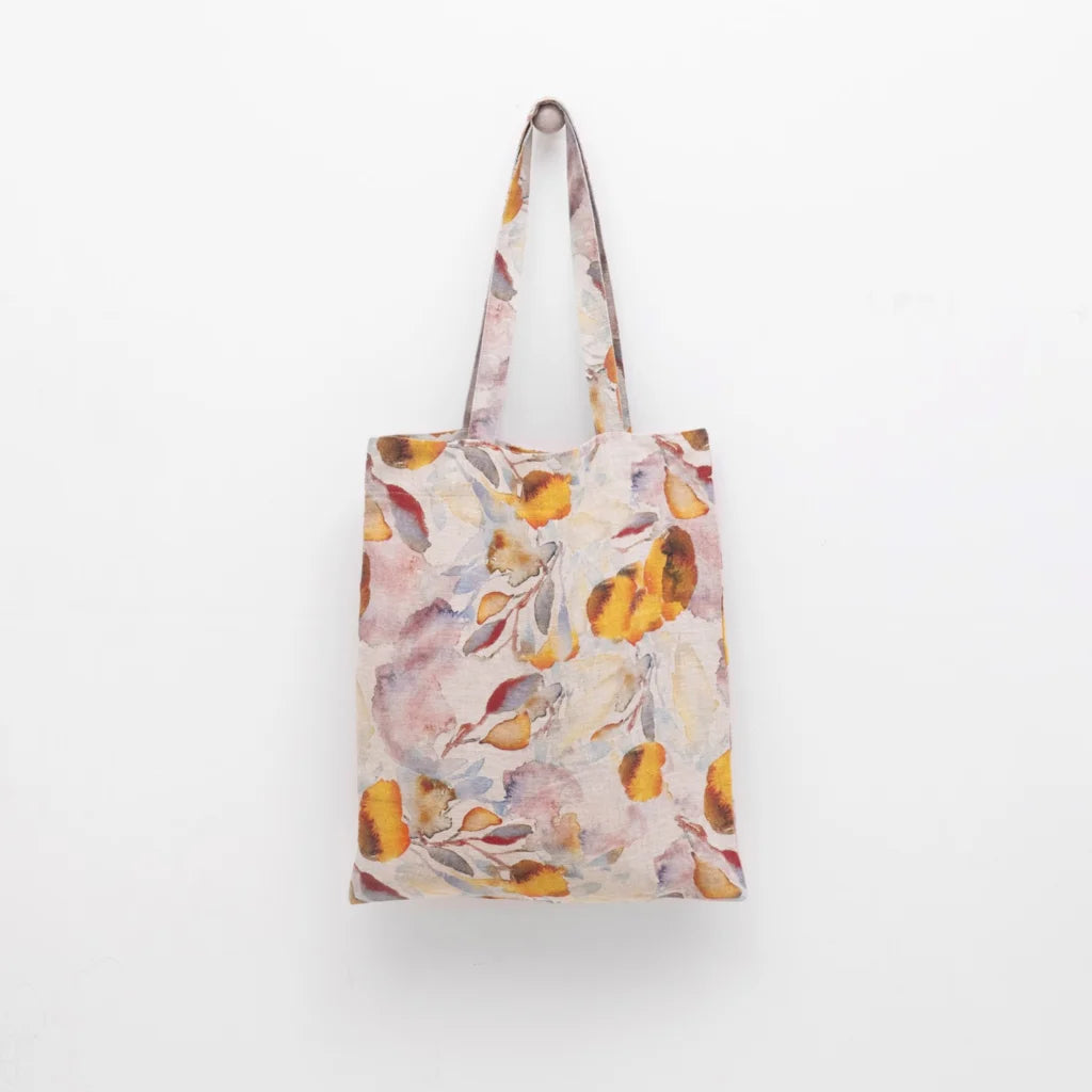 Leinen Einkaufstasche Aquarell in Creme+Orange Muster Aquarell von Linen Tales Größe 38cm breit+ 42 cm lang