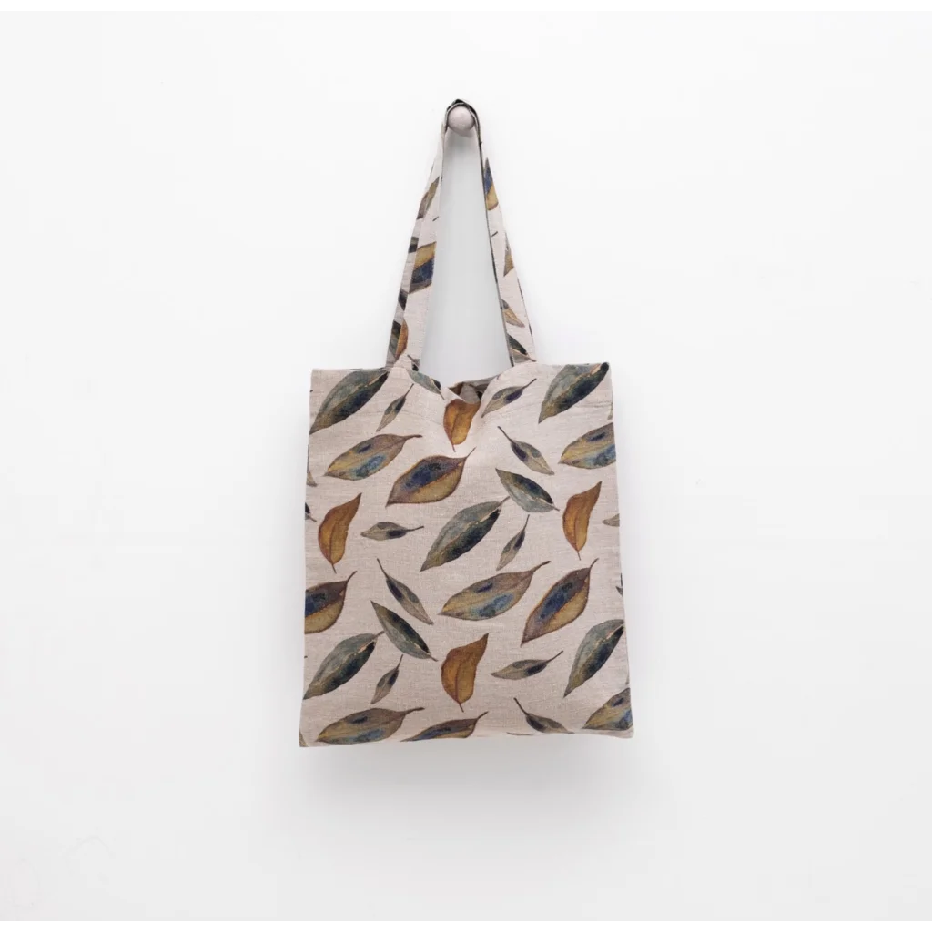 Leinen Einkaufstasche Blätter in Creme+Grün+Orange Muster Blätter von Linen Tales Größe 38cm breit+ 42 cm lang