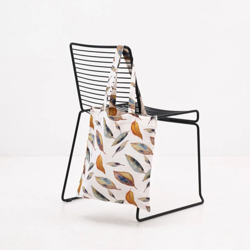 Leinen Einkaufstasche Blätter in Weiß+Grün+Orange Muster Blätter von Linen Tales Größe 38 cm breit+ 42 cm lang