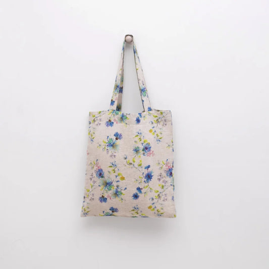 Leinen Einkaufstasche Blumen in Creme+Blau Muster Blumen von Linen Tales Größe 38 cm breit+ 42 cm lang