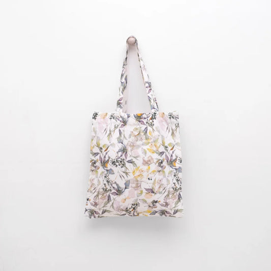 Leinen Einkaufstasche Blumen in Weiß+Flieder+Gelb Weiß+Lila+Gelb Muster Blumen von Linen Tales Größe 38 cm breit+ 42 cm lang