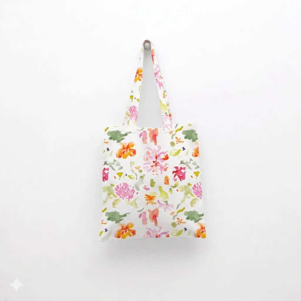 Leinen Einkaufstasche Blumen in Weiß+Rosa+Orange+Grün Muster Blumen von Linen Tales Größe 38 cm breit+ 42 cm lang