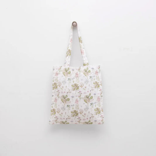 Leinen Einkaufstasche Botanik in Weiß+Rosa+Grün+Braun Muster Botanik von Linen Tales Größe 38 cm breit+ 42 cm lang
