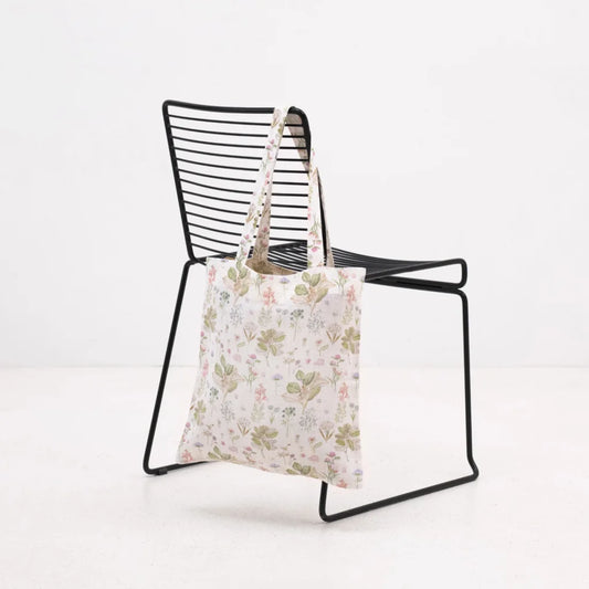 Leinen Einkaufstasche Botanik in Weiß+Rosa+Grün+Braun Muster Botanik von Linen Tales Größe 38 cm breit+ 42 cm lang