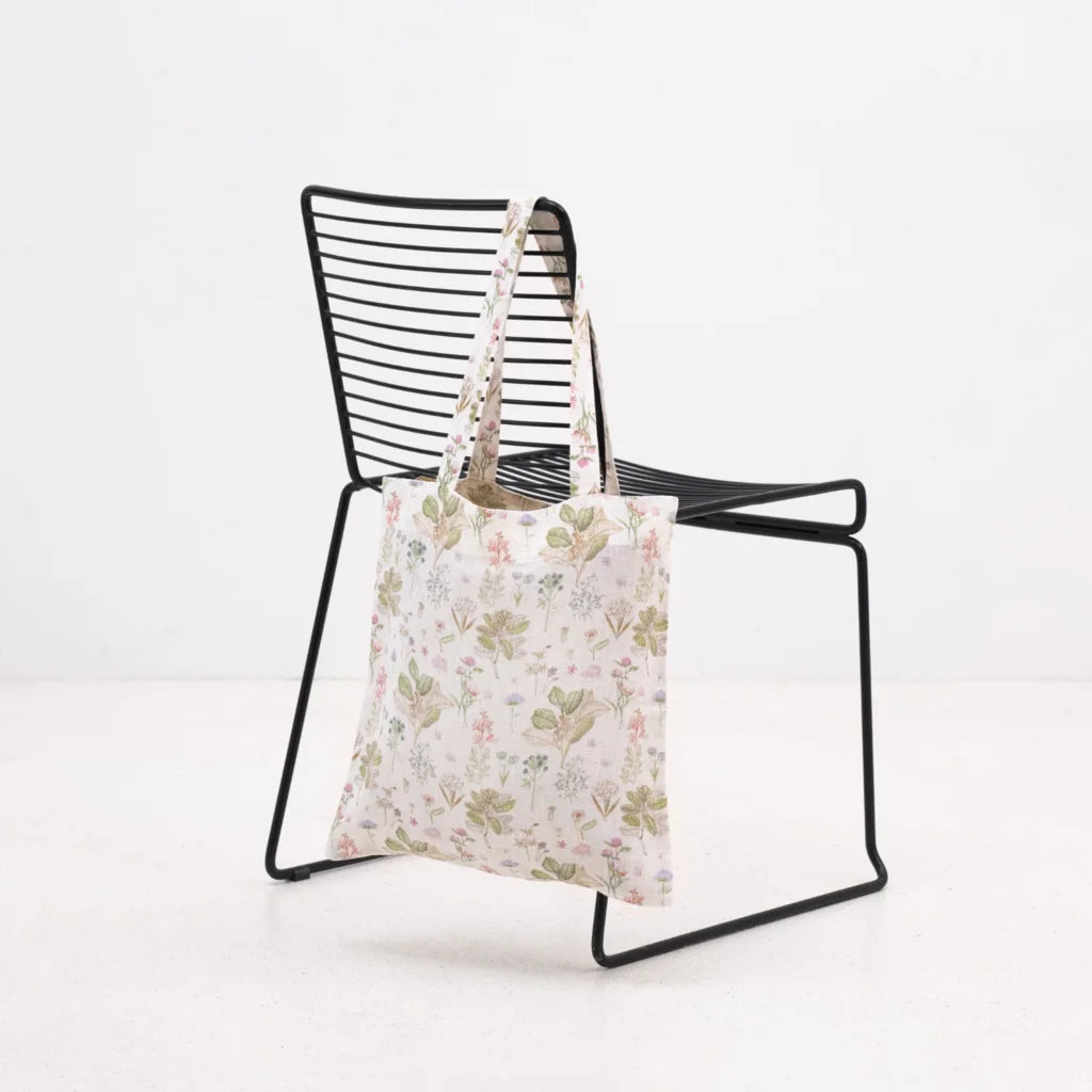 Leinen Einkaufstasche Botanik in Weiß+Rosa+Grün+Braun Muster Botanik von Linen Tales Größe 38 cm breit+ 42 cm lang
