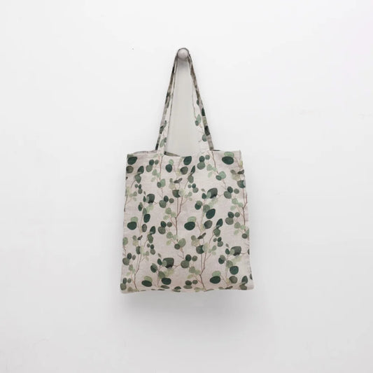 Leinen Einkaufstasche Eukalyptus in Creme+Grün+Dunkelgrün Creme+Grün+Grün Muster Eukalyptus von Linen Tales Größe 38 cm breit+ 42 cm lang