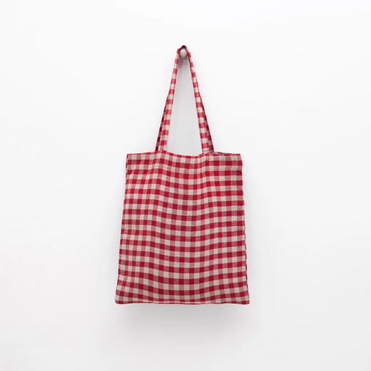 Leinen Einkaufstasche Karo in Rot+Beige Muster Karo von Linen Tales Größe 38 cm breit+ 42 cm lang