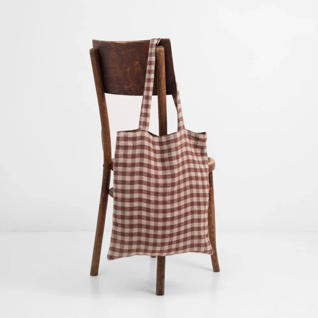 Leinen Einkaufstasche Karo in Schokolade+Beige Braun+Beige Muster Karo von Linen Tales Größe 38 cm breit+ 42 cm lang