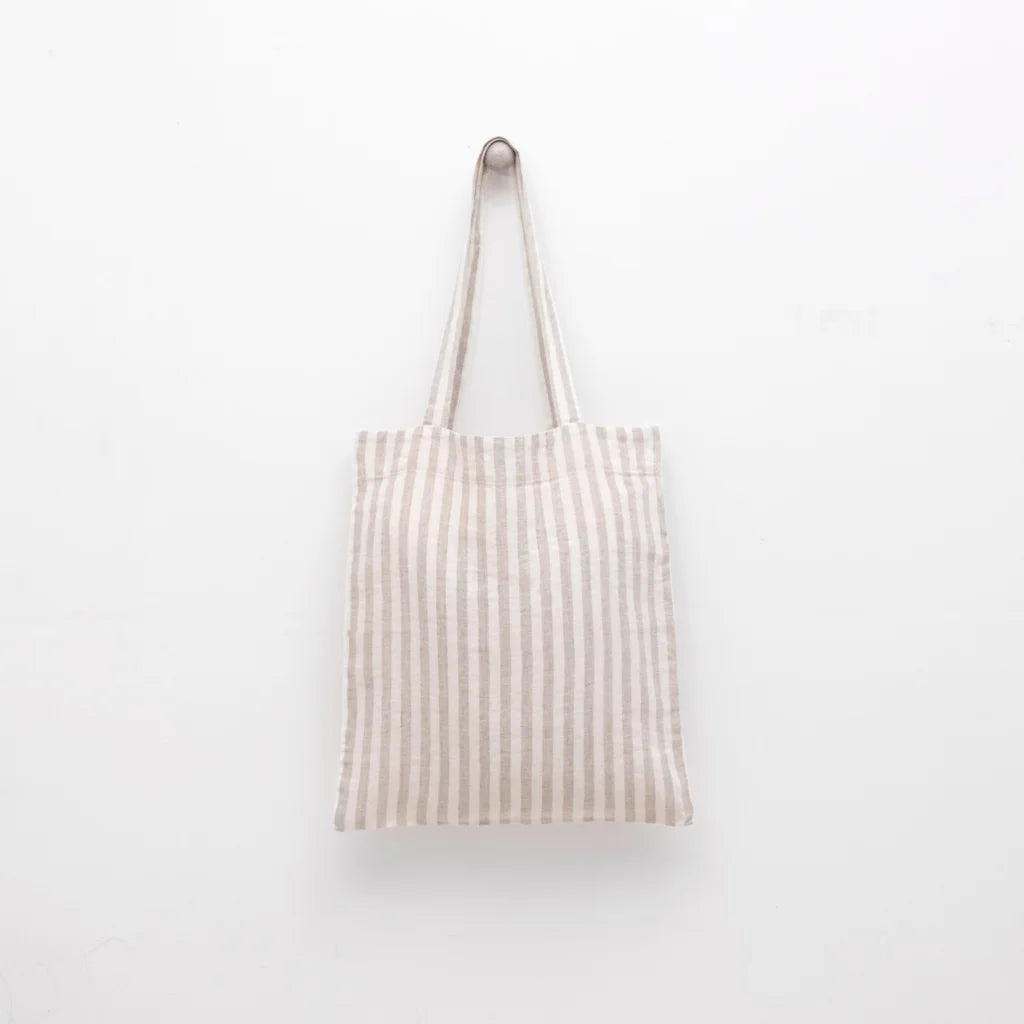 Leinen Einkaufstasche Streifen in Creme+Beige Muster Streifen von Linen Tales Größe 38 cm breit+ 42 cm lang