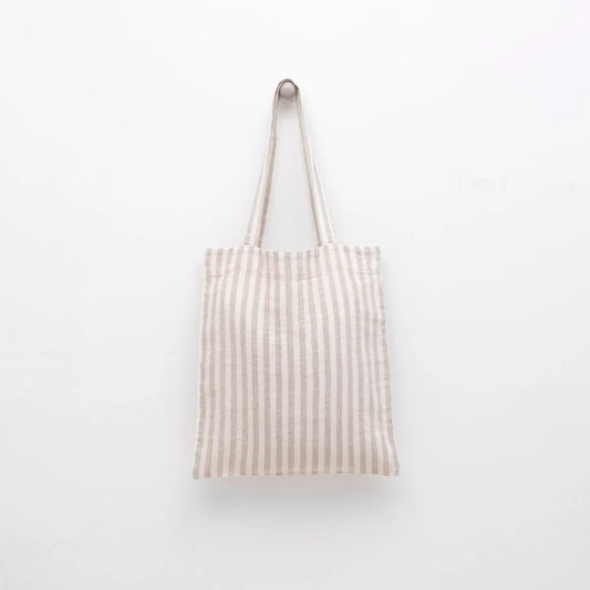 Leinen Einkaufstasche Streifen in Creme+Beige Muster Streifen von Linen Tales Größe 38 cm breit+ 42 cm lang