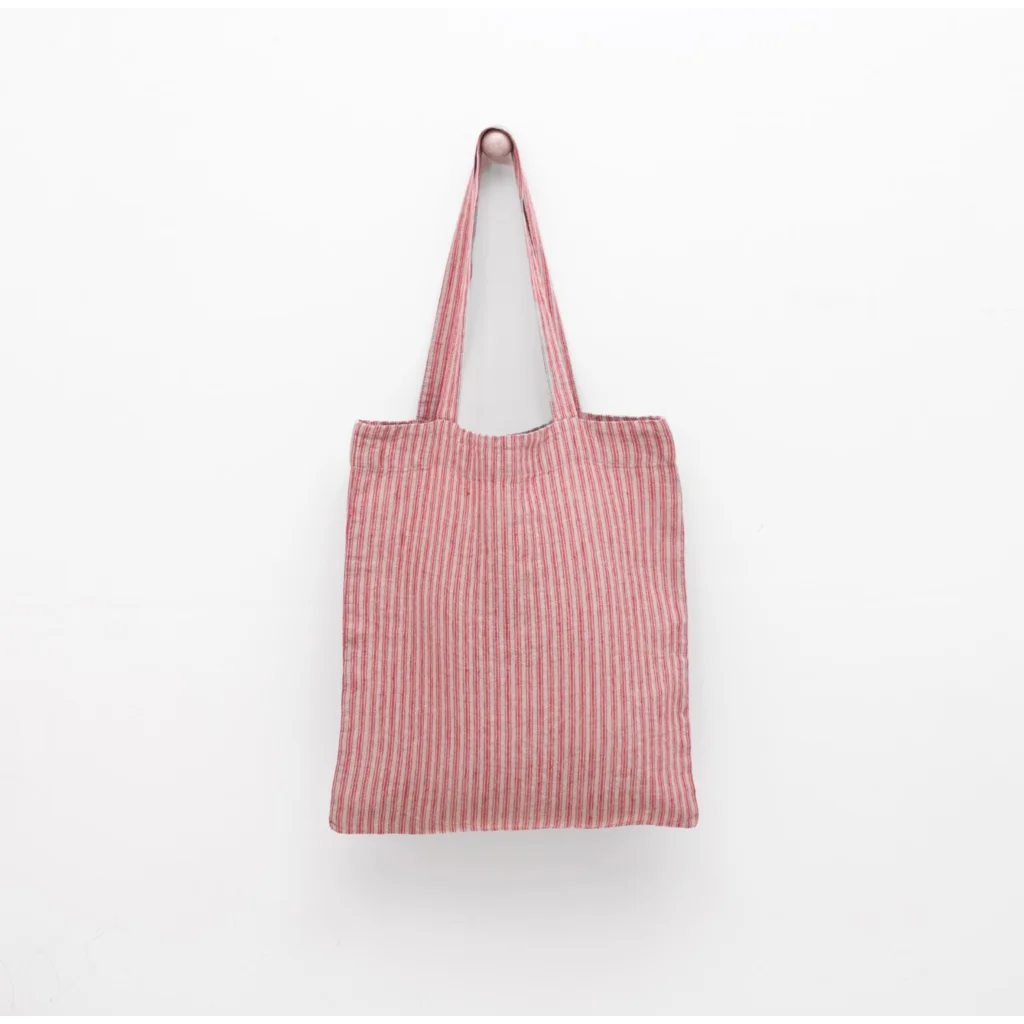 Leinen Einkaufstasche Streifen in Rot+Creme Muster Streifen von Linen Tales Größe 38 cm breit+ 42 cm lang