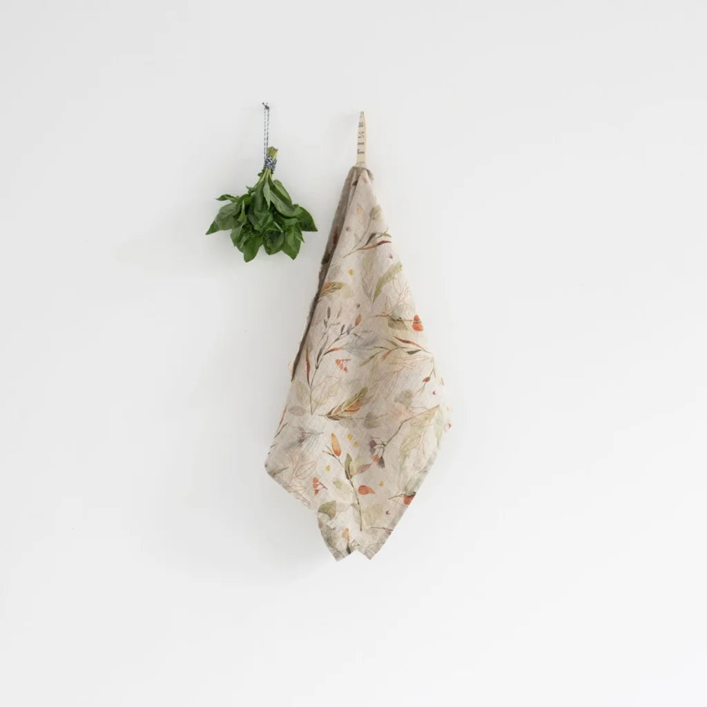 Leinen Geschirrtuch Blätter 2er-Pack in Creme+Braun Muster Blätter von Linen Tales Größe 45x65 cm