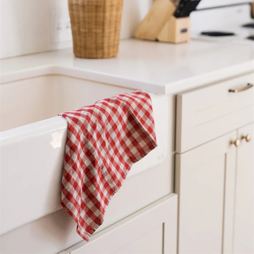Leinen Geschirrtuch Karo 2er-Pack in Rot+Beige Muster Karo von Linen Tales Größe 45x65 cm
