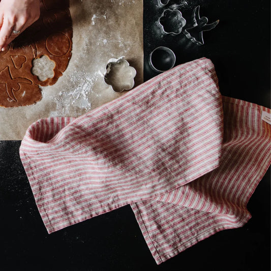 Leinen Geschirrtuch Streifen 2er-Pack in Rot+Creme Muster Streifen von Linen Tales Größe 45x65 cm