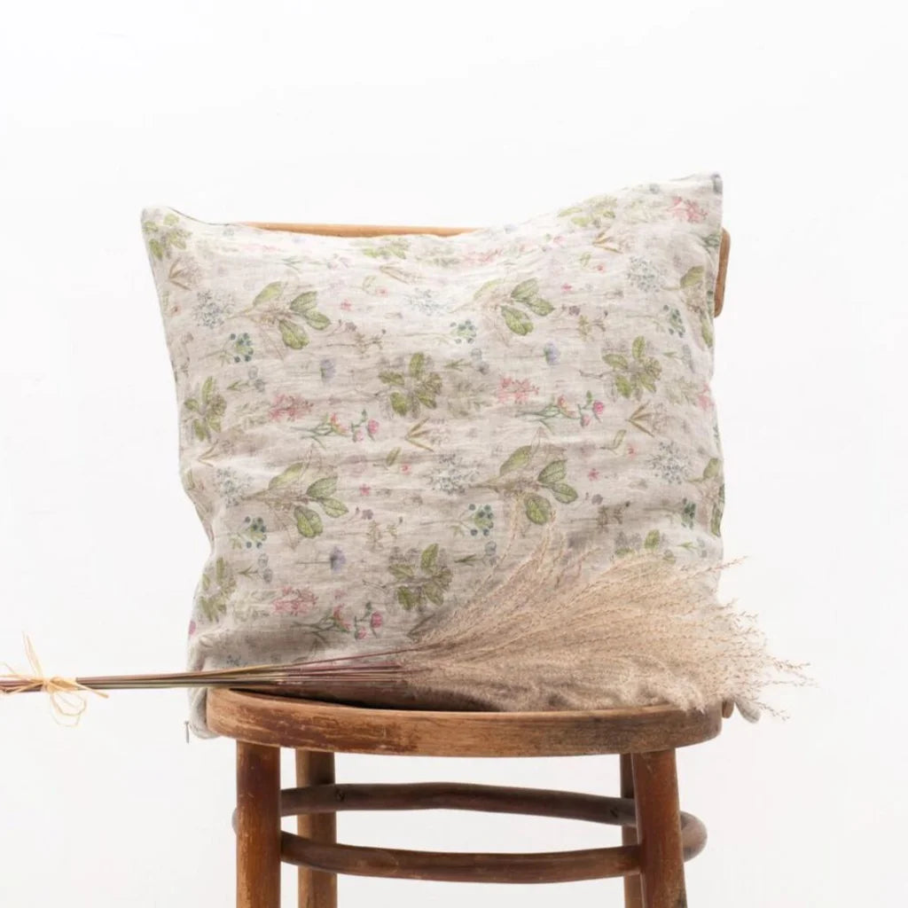 Leinen Kissenhülle Botanik in Creme+Rosa+Grün+Braun Muster Botanik von Linen Tales Größe 40x60 cm