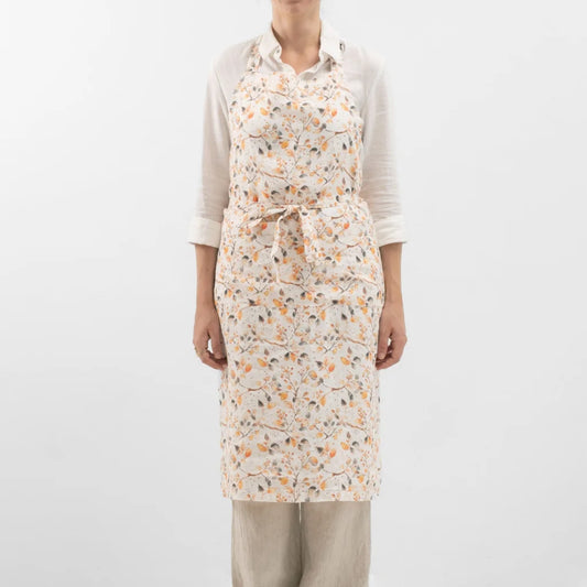 Leinen Kochschürze Blätter in Weiß+Orange+Grau Muster Blätter von Linen Tales Größe 100 cm breit+ 98 cm lang