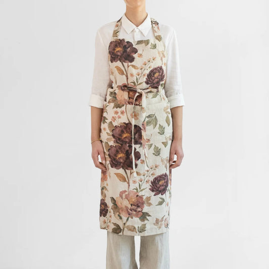 Leinen Kochschürze Blumen in Creme+Aubergine+Olive Creme+Beere+Grün Muster Blumen von Linen Tales Größe 100 cm breit+ 98 cm lang