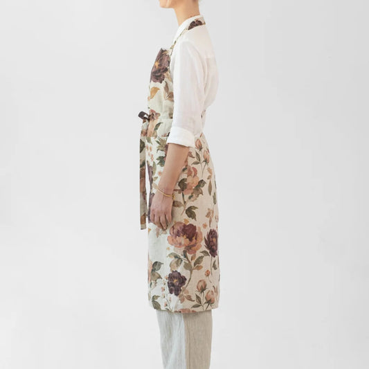 Leinen Kochschürze Blumen in Creme+Aubergine+Olive Creme+Beere+Grün Muster Blumen von Linen Tales Größe 100 cm breit+ 98 cm lang