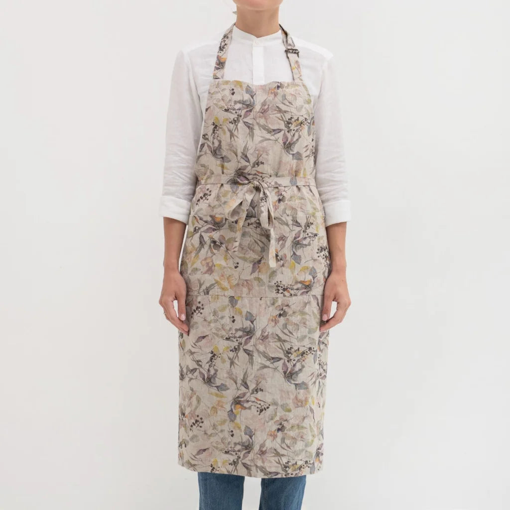 Leinen Kochschürze Blumen in Creme+Flieder+Gelb Creme+Lila+Gelb Muster Blumen von Linen Tales Größe 100 cm breit+ 98 cm lang