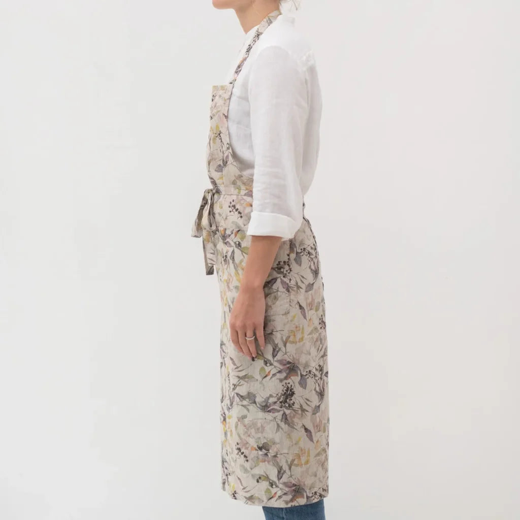 Leinen Kochschürze Blumen in Creme+Flieder+Gelb Creme+Lila+Gelb Muster Blumen von Linen Tales Größe 100 cm breit+ 98 cm lang